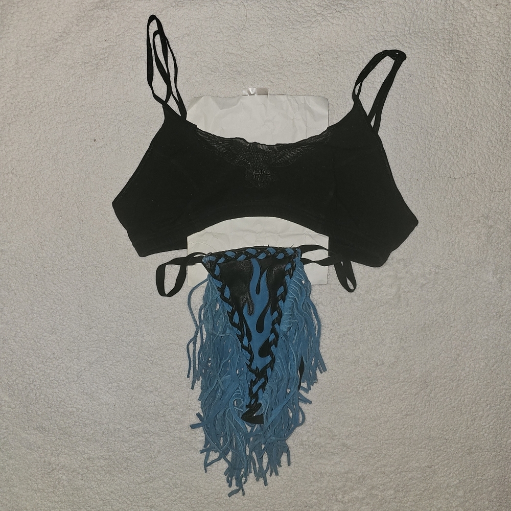Vintage Harley Davidson Black Eagle Sports Bra Leather Blue Flame Fringe Thong🔥